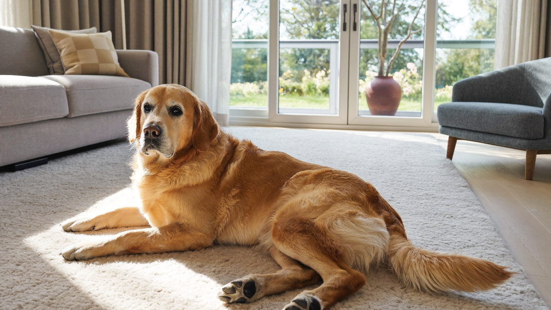Hund på tæppe med potespor i stuen