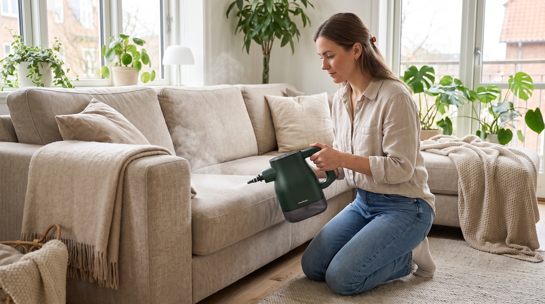 Kvinde fjerner dårlig lugt fra sofaen med CleanFriend PureSteam™ Damprenser i lys skandinavisk stue