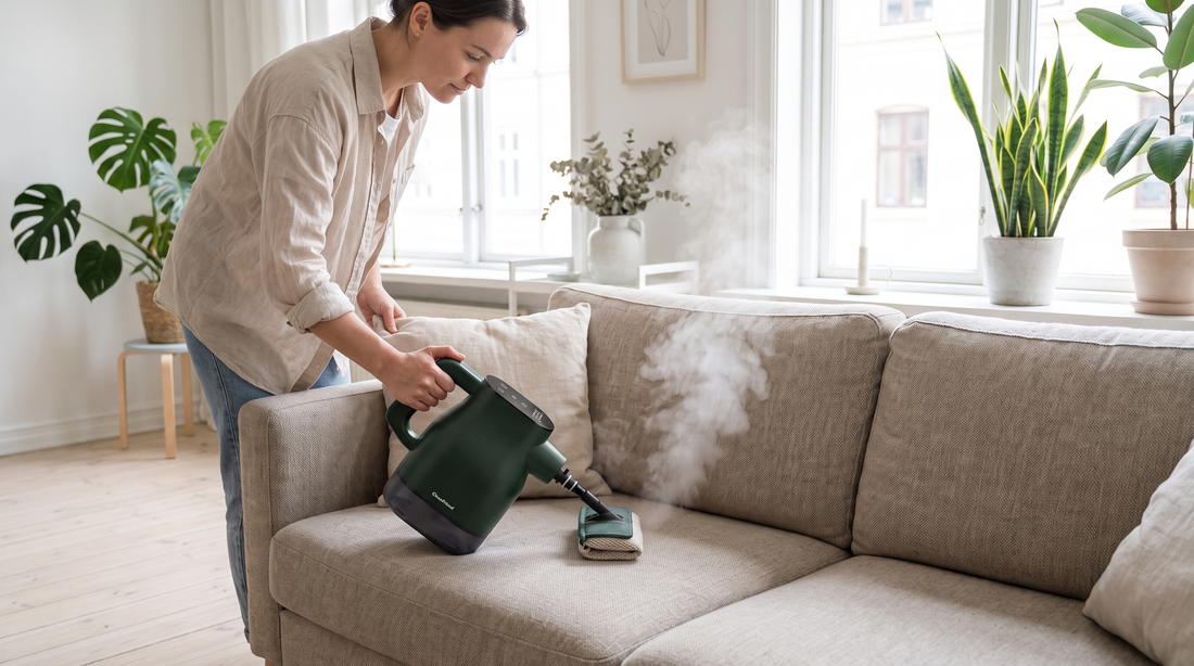 Stofsofa friskes op med damp fra CleanFriend PureSteam damprenser