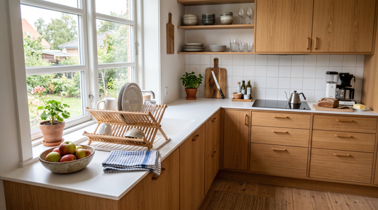 Rent dansk familiekøkken i morgenlys efter rengøring af ovn og køkken