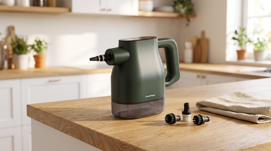 CleanFriend PureSteam™ Damprenser med tilbehør på køkkenbordpladen