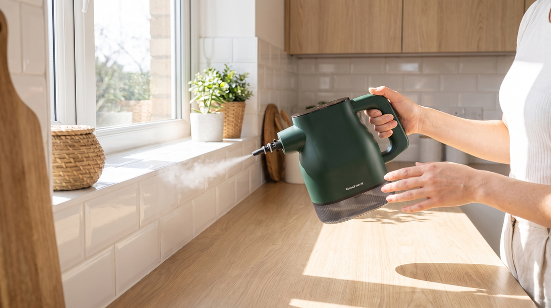 Kvinde renser flisevæggen i køkkenet med CleanFriend PureSteam damprenser