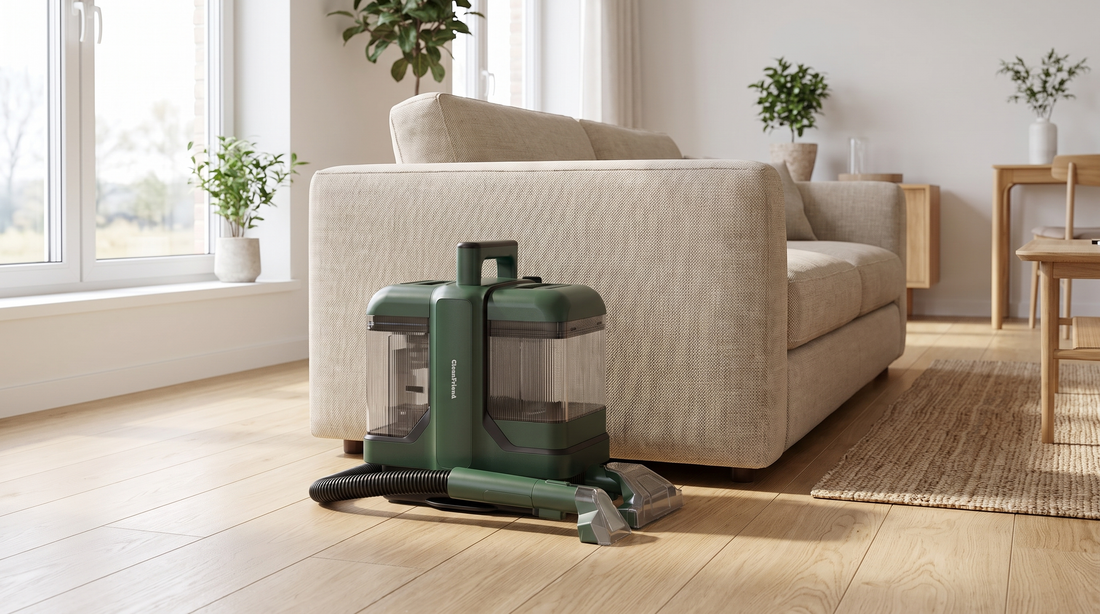 CleanFriend SpotCleaner tæpperenser står på gulvet ved sofaen i lys stue