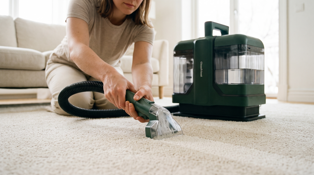 Plet i lyst tæppe behandles med CleanFriend SpotCleaner tæpperenser