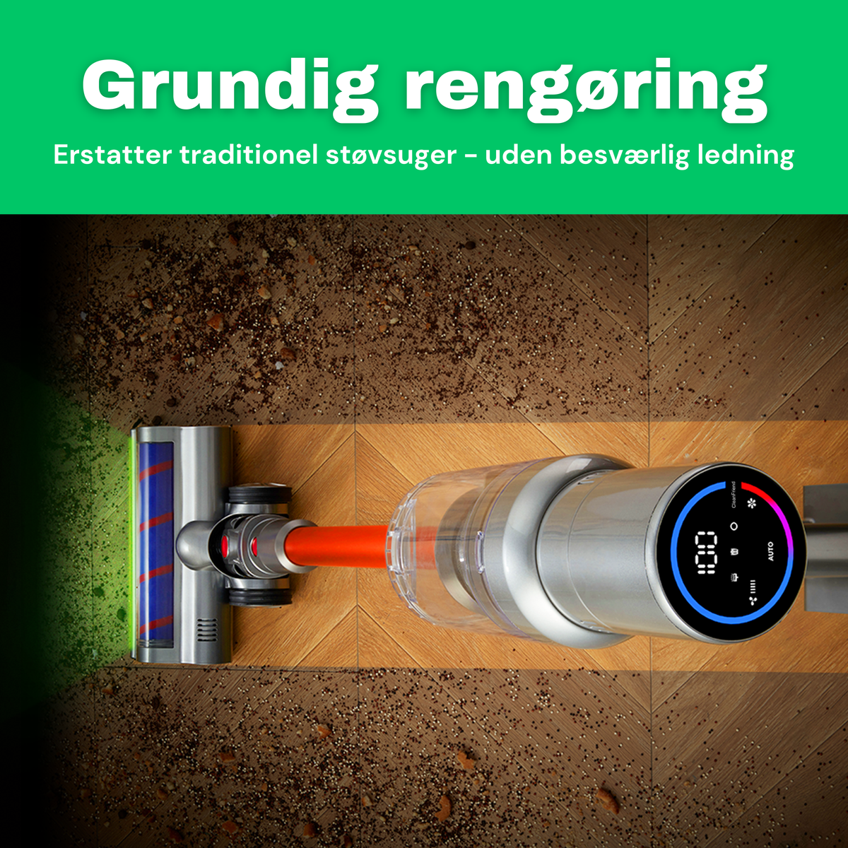 CleanFriend Absolute™ ledningsfri støvsuger, grundig rengøring af trægulv i stue