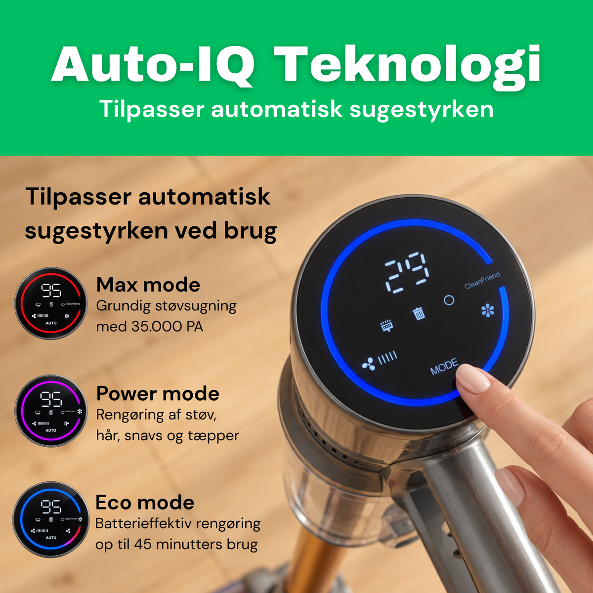 CleanFriend Absolute™ ledningsfri støvsuger, Auto-IQ teknologi med Max, Power og Eco mode